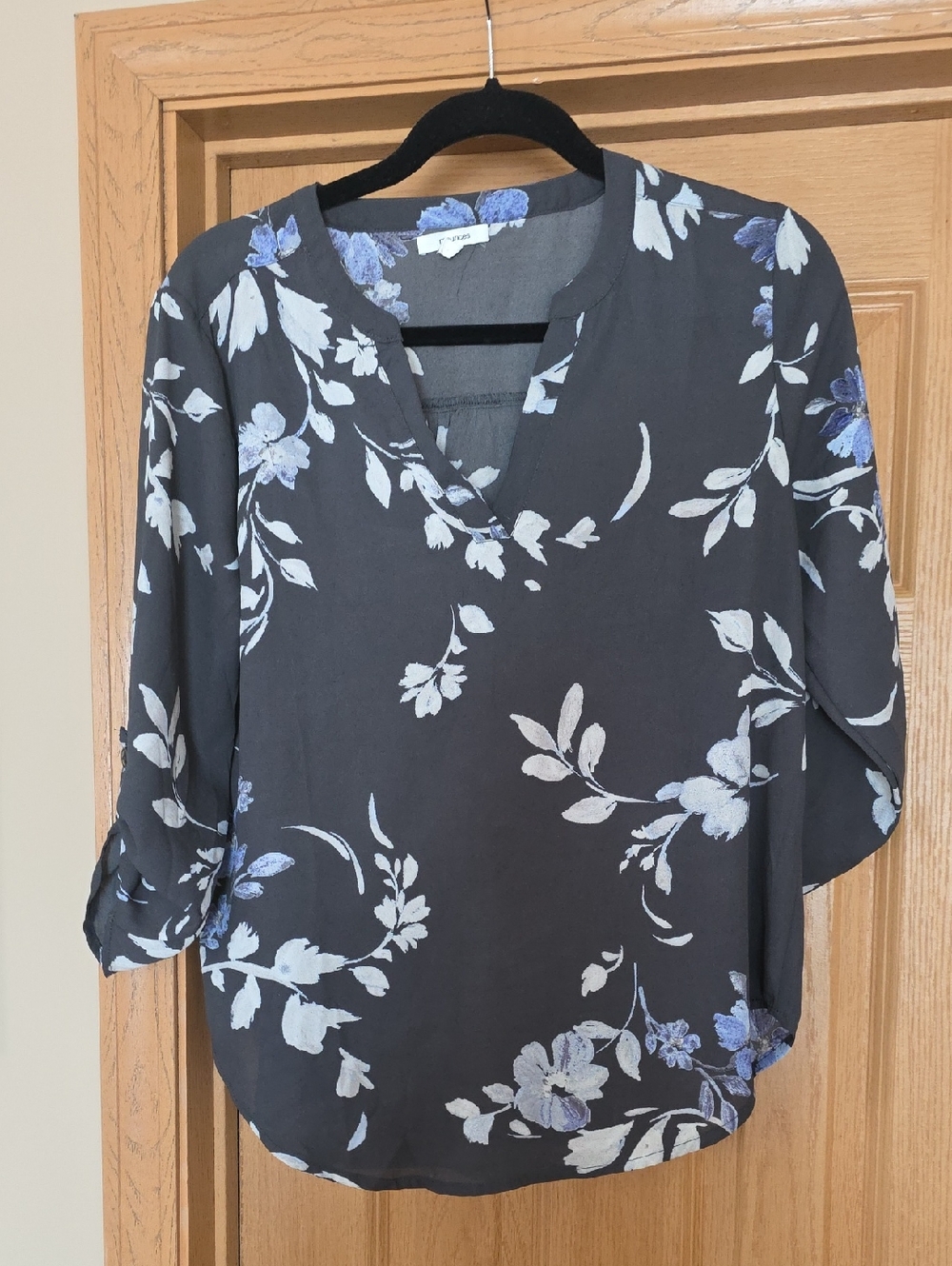 Maurices Black Floral Split-Neck Blouse with White & Lavender Accents